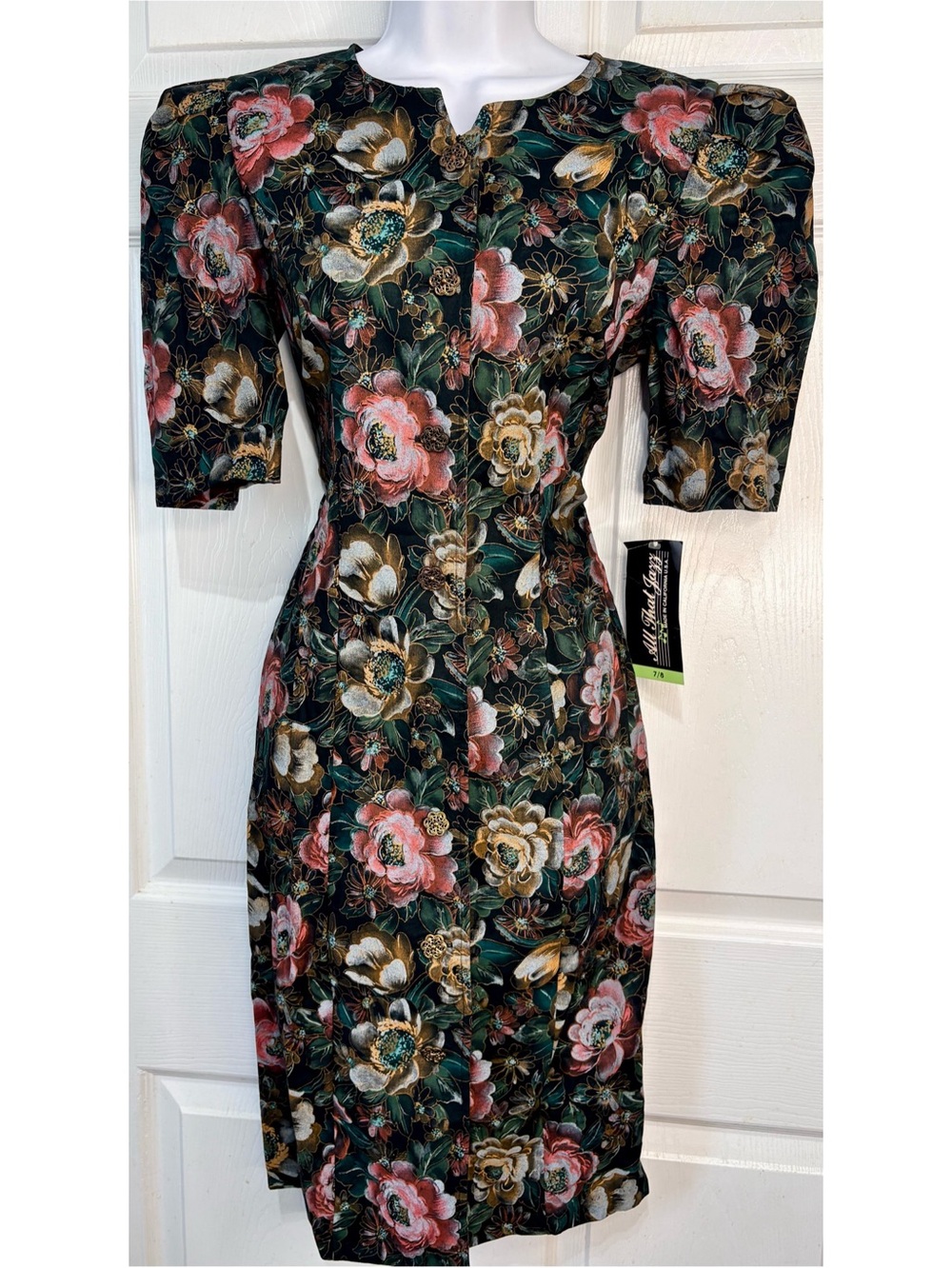 90s All That Jazz Dark Floral Gold Metallic Ornate Button Front Dress NWT~8